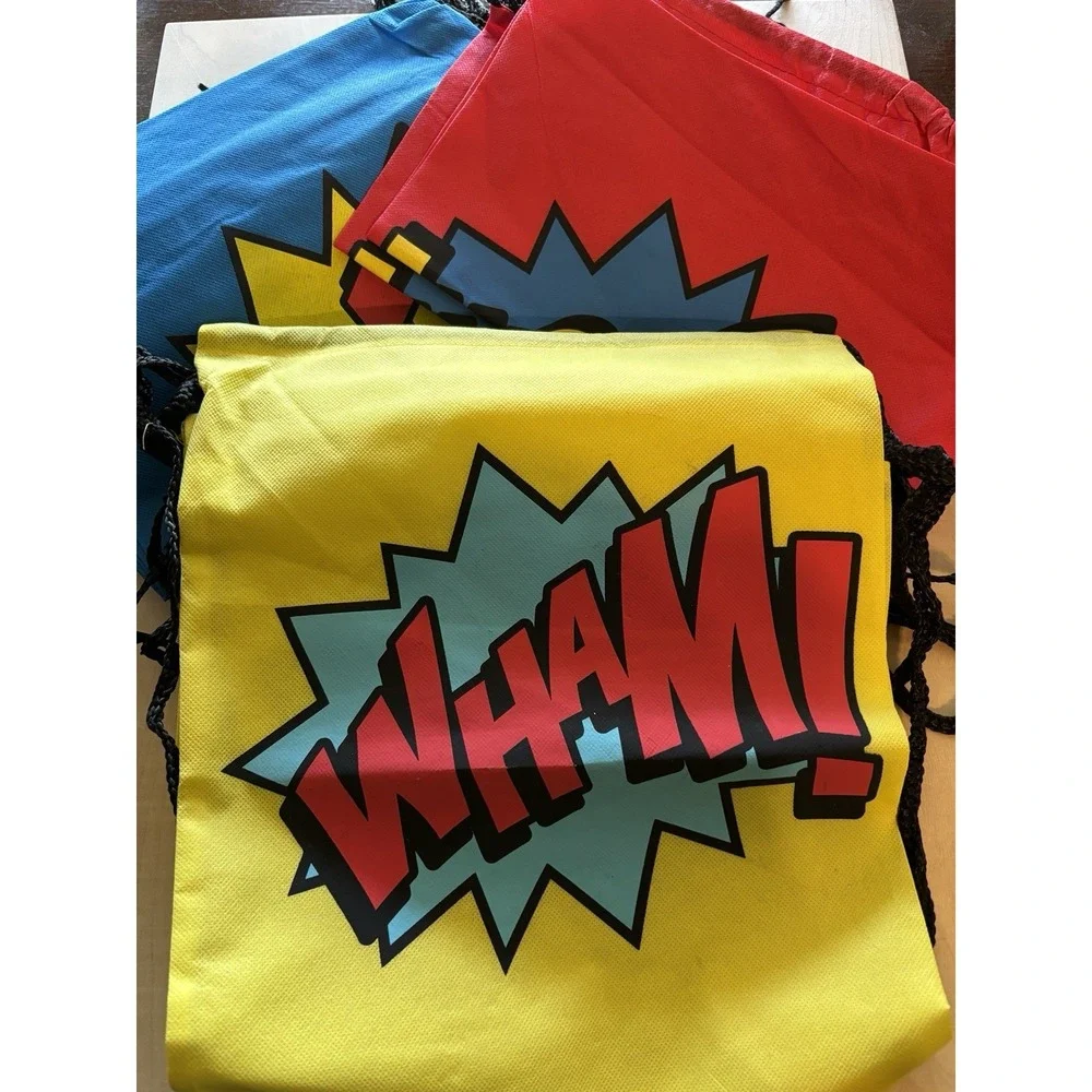 Superhero Bag Backpack LOT of 12 Party Favors? Zap! Boom! Wham! Red Blue Yellow